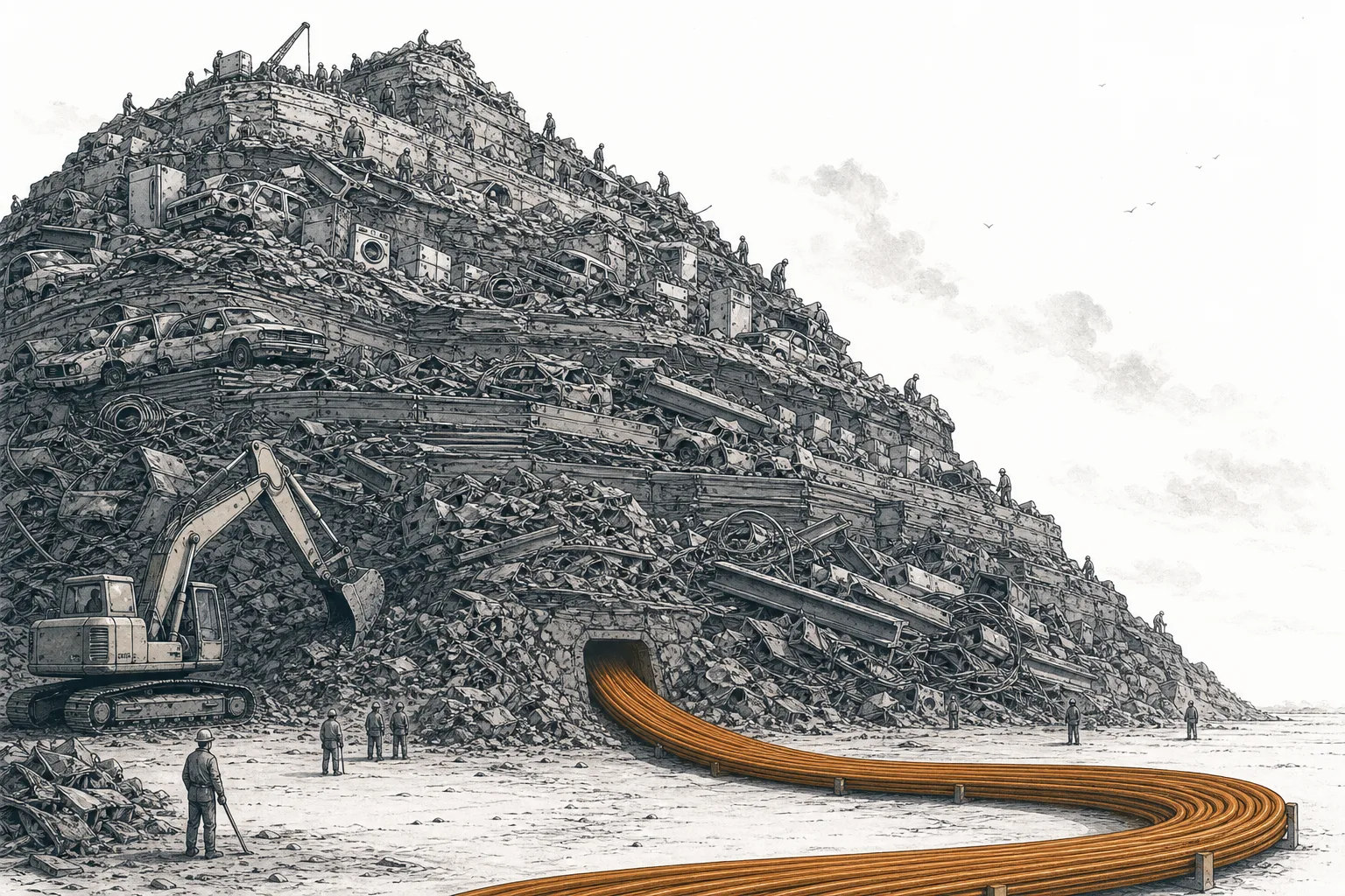 A mountain built from old cars, appliances, and worn-out steel beams, mined like an ore deposit and turned back into new metal ingots.