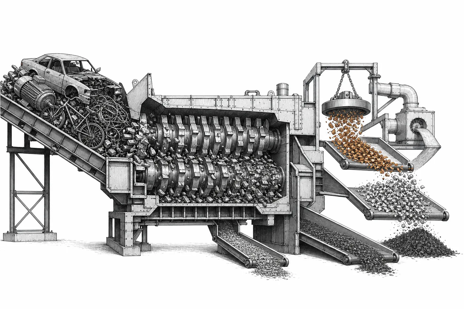 A giant shredder swallowing old cars and appliances and spitting out clean, sorted streams of metal — the hardest step in recycling.