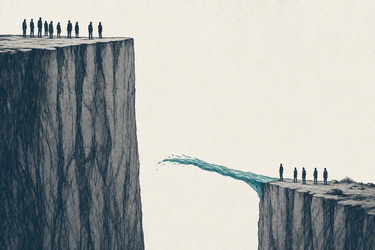 A wide canyon between two cliffs: one side is the money that's needed, towering high; the other is the money actually flowing in, far lower