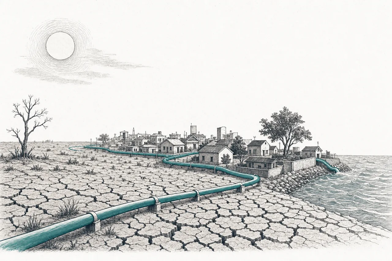 Cities and farmland facing heat, drought, and flooding all at once, with the water system running through it like a vein that keeps everything alive
