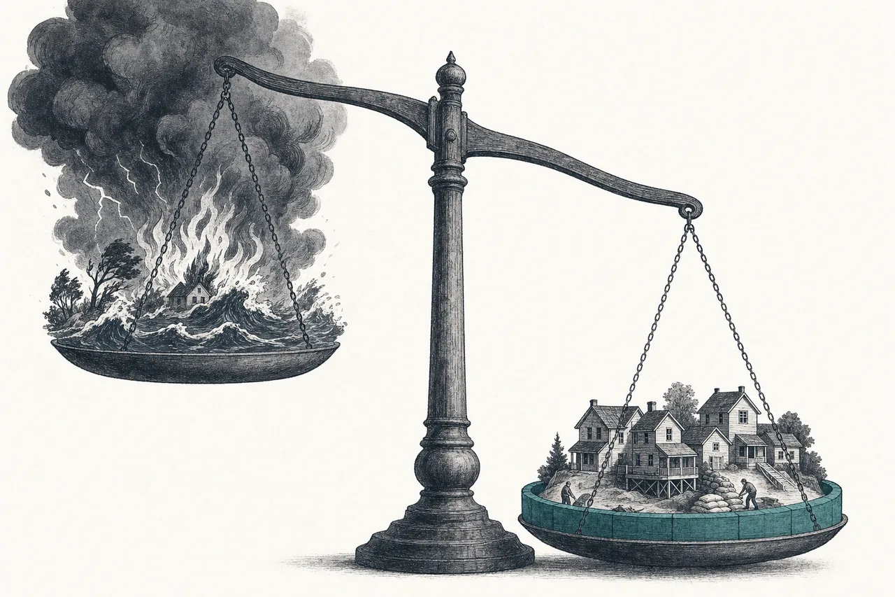 One hand holds a scale tipped over by a heavy "risk" side, while houses and cities below reinforce their defensive armor to bring it back into balance