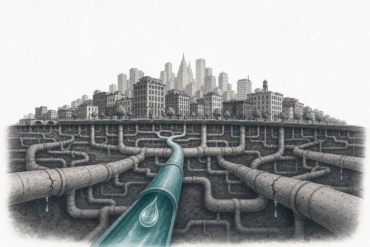 A city sitting on top of a massive underground network of water pipes, like veins. A single standout drop of water flows out to feed the whole city, while some of the older pipes are leaking.