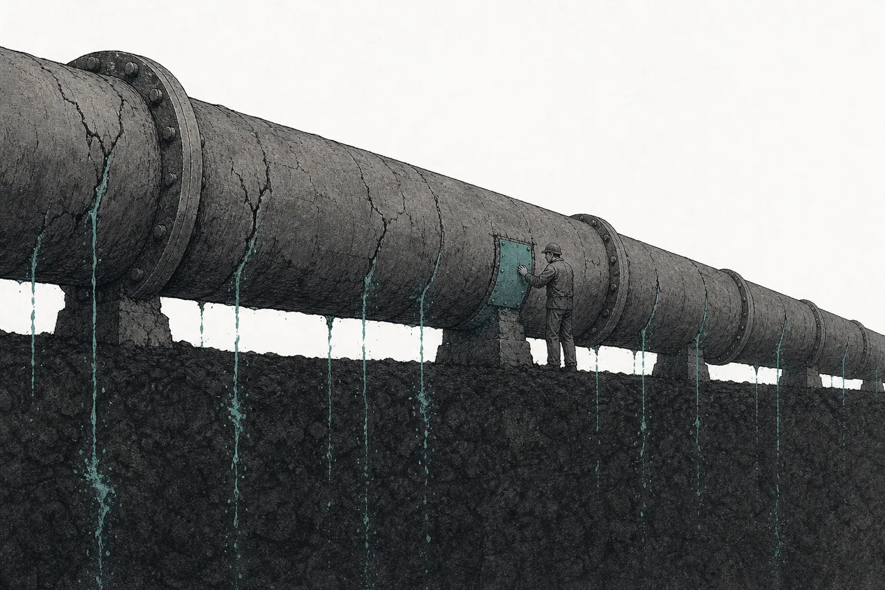 A large old water pipe leaking from several points, letting treated water seep into the ground, while a tiny worker tries to plug just one of the leaks.