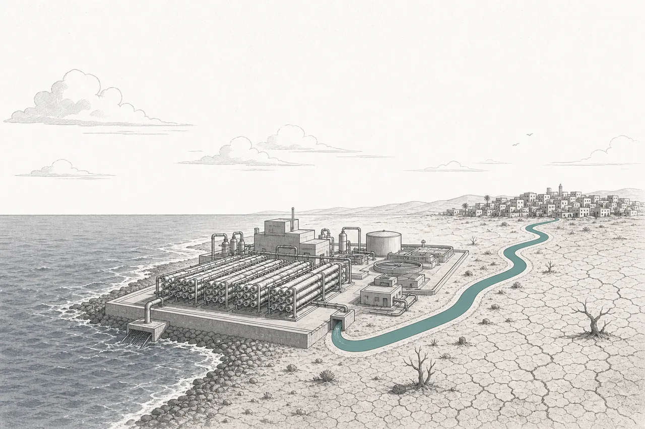 A coastal desalination plant turning saltwater into fresh water that flows back into a parched city, under a blazing sun.
