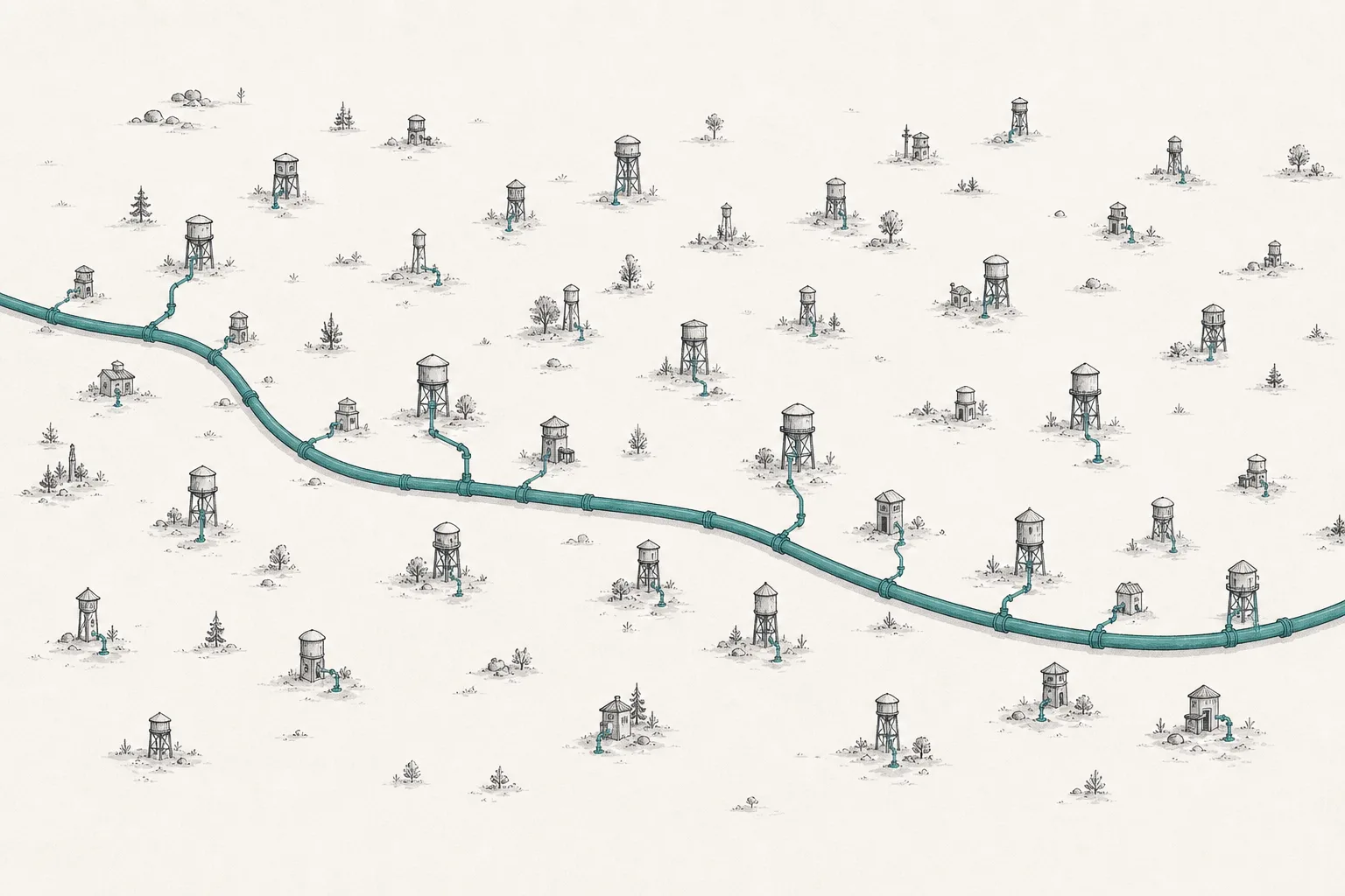 Dozens of small, scattered water systems are gradually linked together by one big main pipe into a single network, conveying the consolidation of fragmented water systems into one.