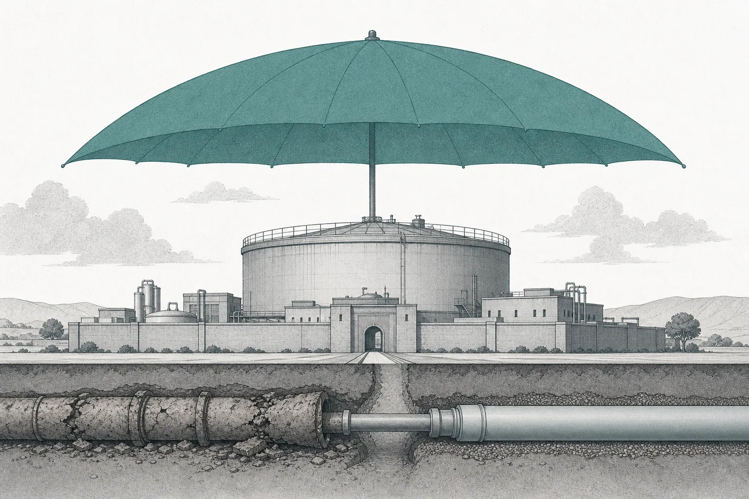 A water treatment plant and a large clearwater tank stand solid like a fortress, with a government regulatory umbrella covering them like protective armor, while below, new pipe is gradually being laid to replace the old.