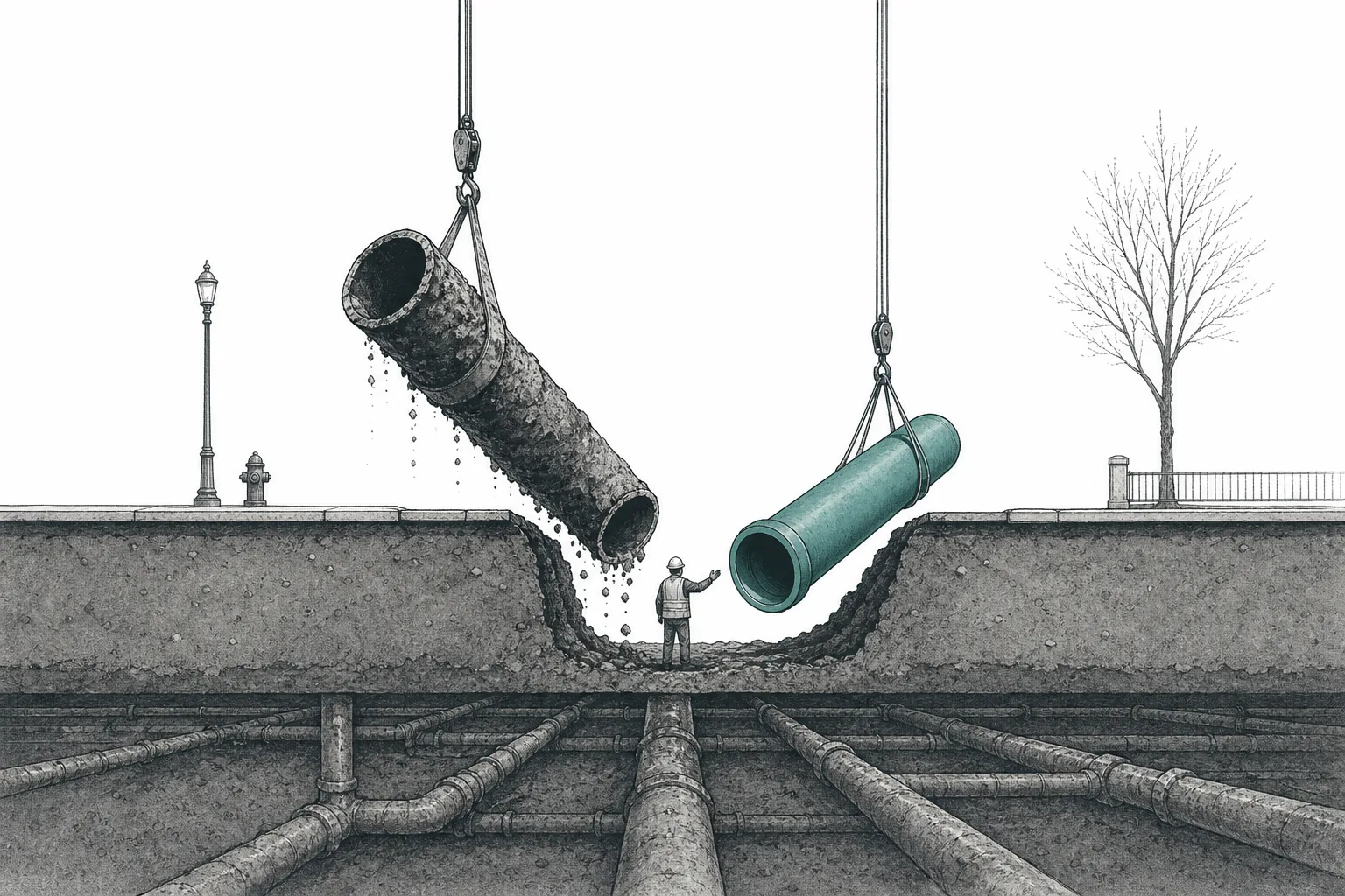 A worker is pulling an old, rusted lead pipe out of the ground and laying a clean new pipe in its place, conveying the massive nationwide lead-pipe replacement effort.