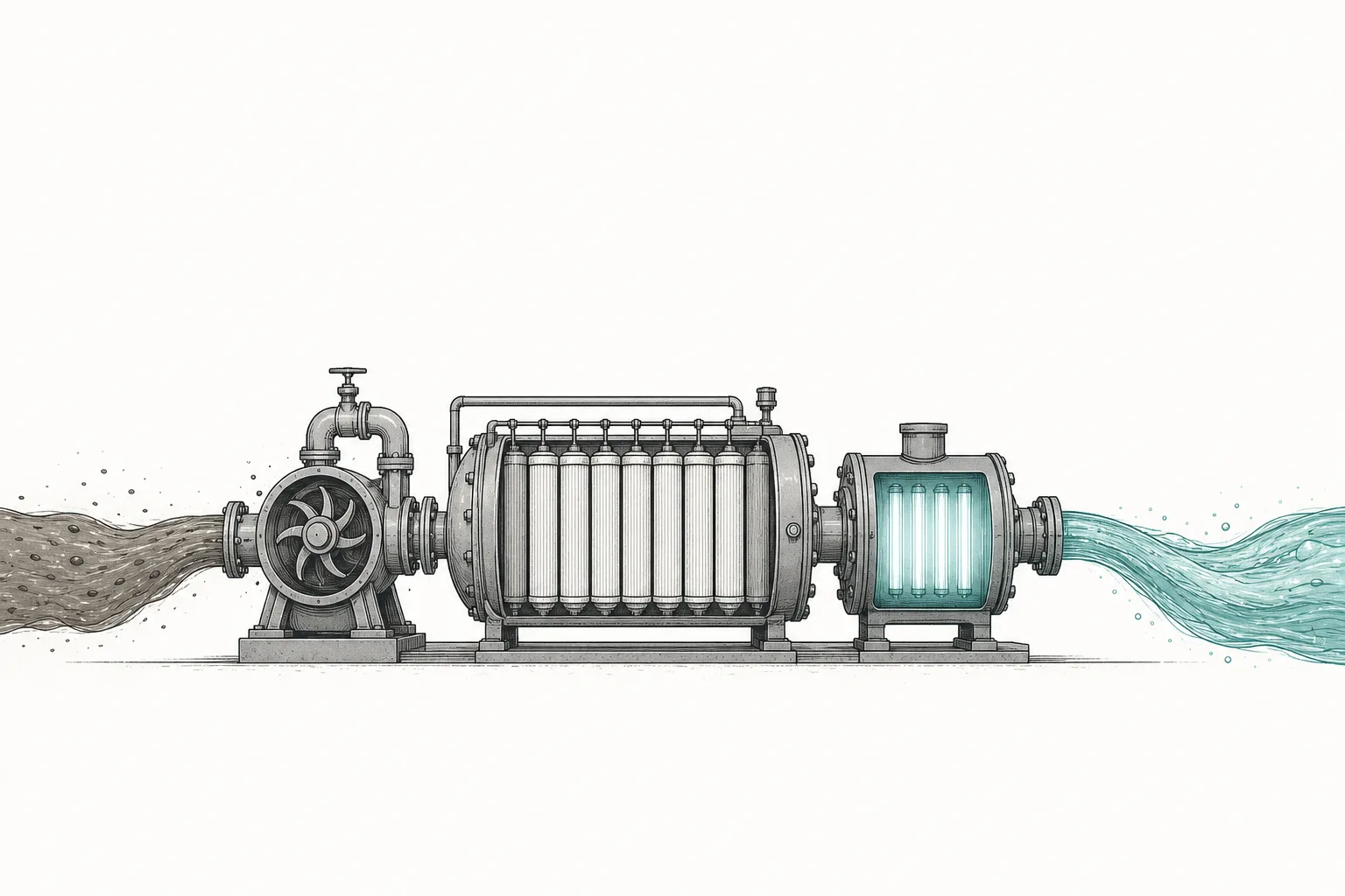 Murky water flows into a row of machines — pumps, membrane filters, and UV lamps lined up in sequence — and comes out as clear, clean water, representing the technology that turns dirty water into drinking water.