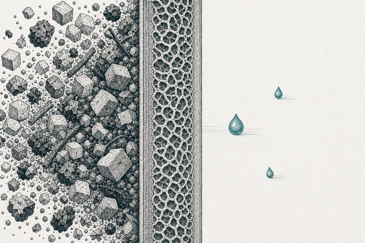 A close-up of a membrane sheet with nano-scale pores: pure water passes through while salt and dirty particles are blocked on the other side.