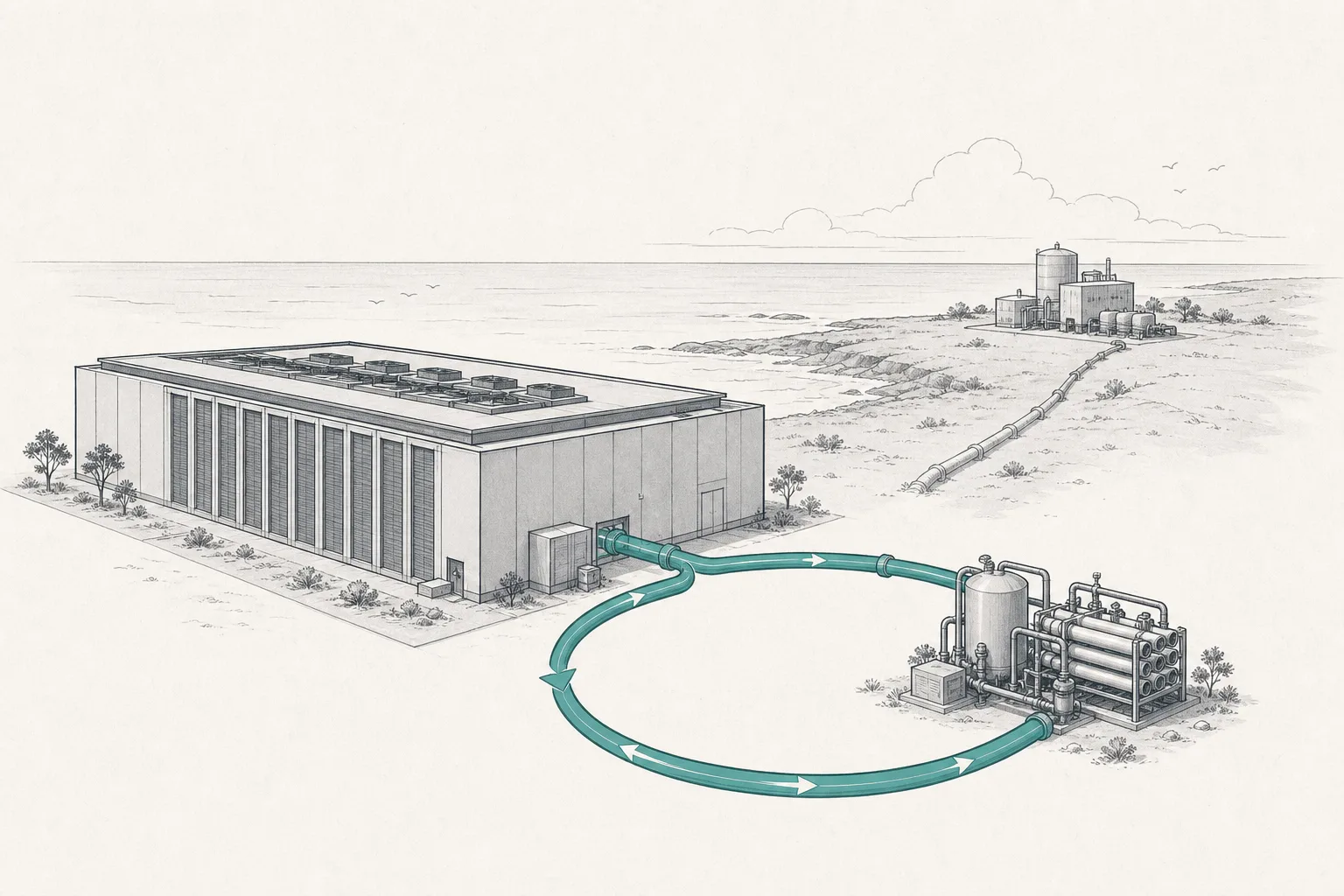A large data center connected to a water-treatment system, recycling its cooling water in a loop, with a desalination plant in the background.