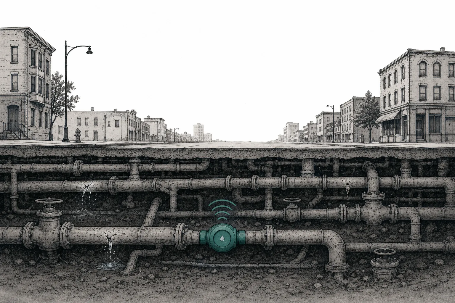 A cross-section under a city street, revealing rows of old water pipes buried side by side. Some are cracked and seeping water. Between the pipes are valves and smart meters sending out faint glowing signals.
