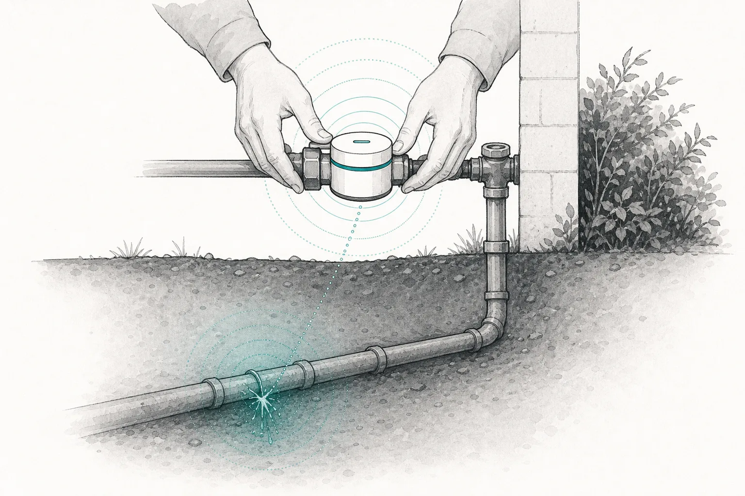 A hand installing a smart water meter that sends out faint glowing signal waves, while underground a single pipe has a glowing leak point that matches up with the signal.