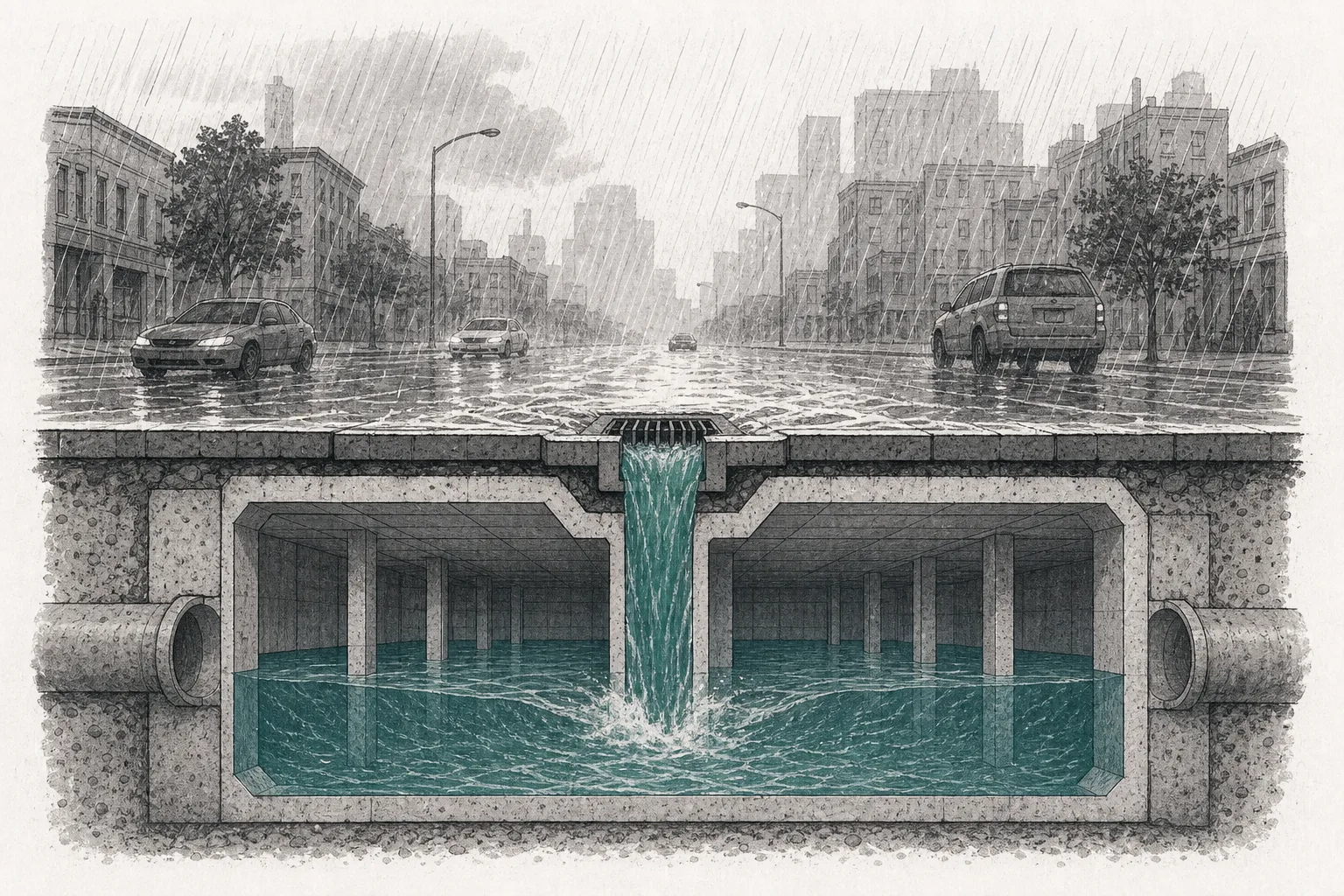 A city street in very heavy rain, water flowing into a large drain and an underground retention basin. Modern stormwater-management structures are visible, handling a huge volume of water to prevent flooding.