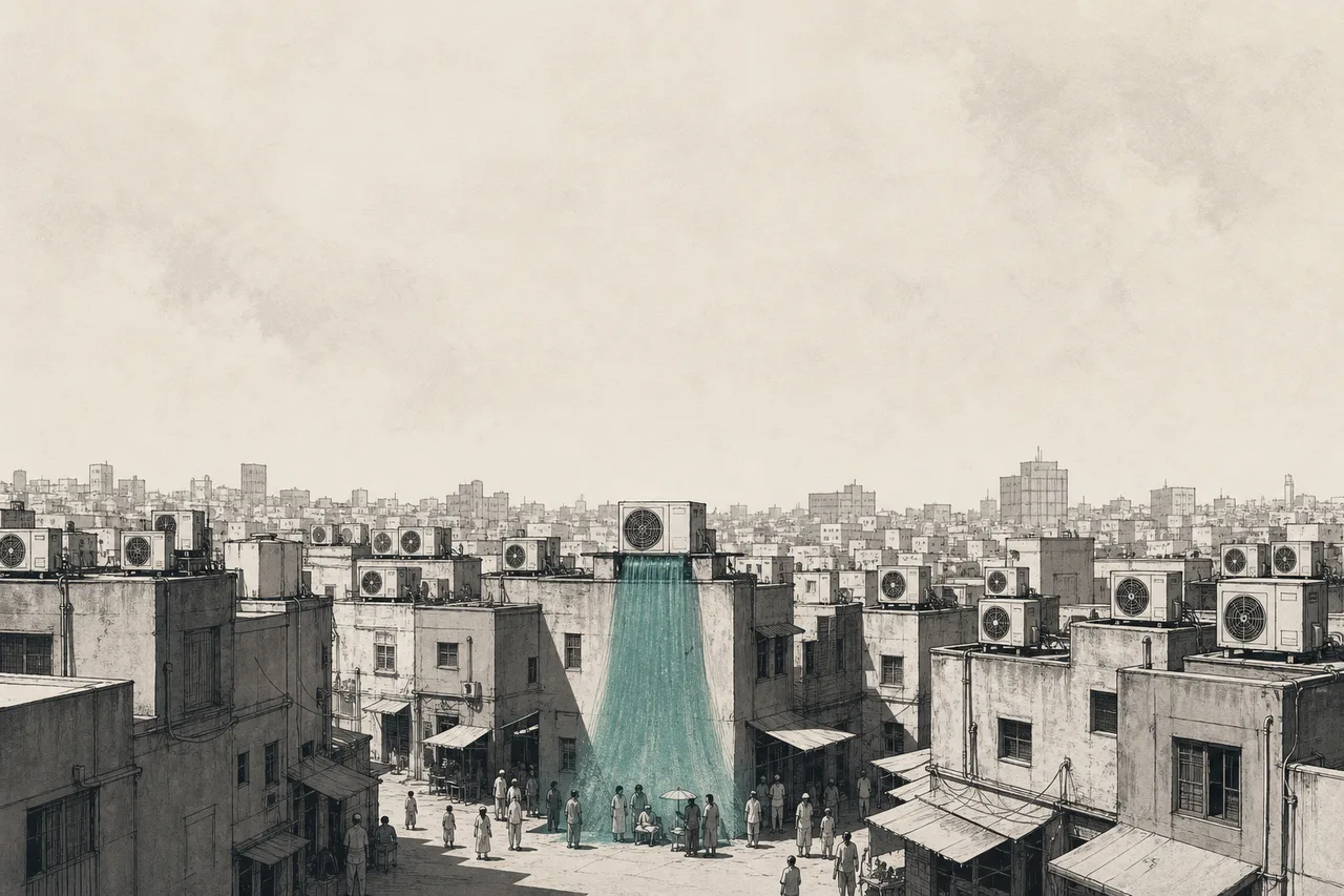 A city baking under harsh sun, with cooling units lined up across the rooftops, sending cool air down to protect the people below.