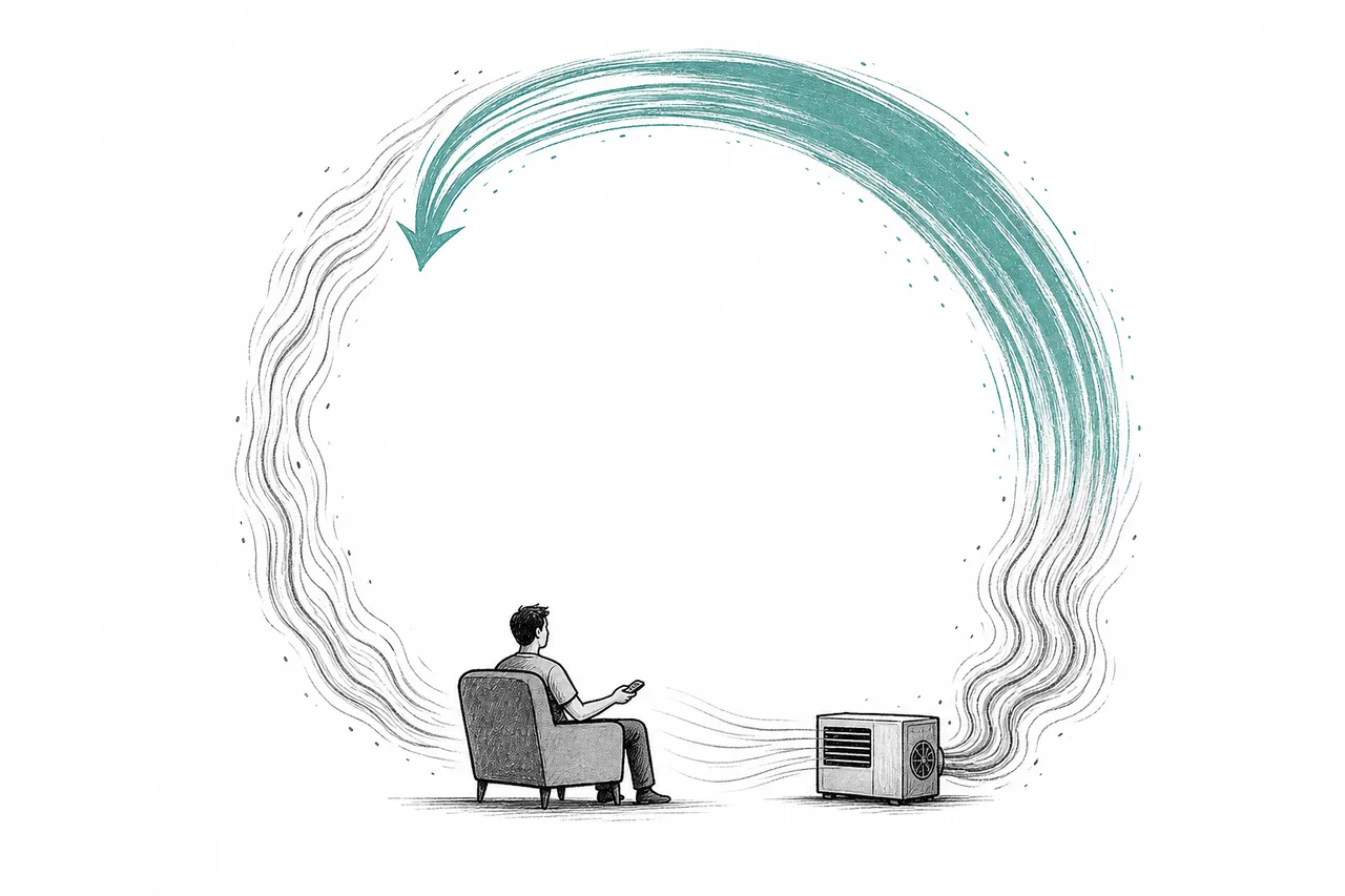 A person turning on a fan or AC to escape the heat, but hot air from the machine loops back and makes everything around them hotter — an endless circle.