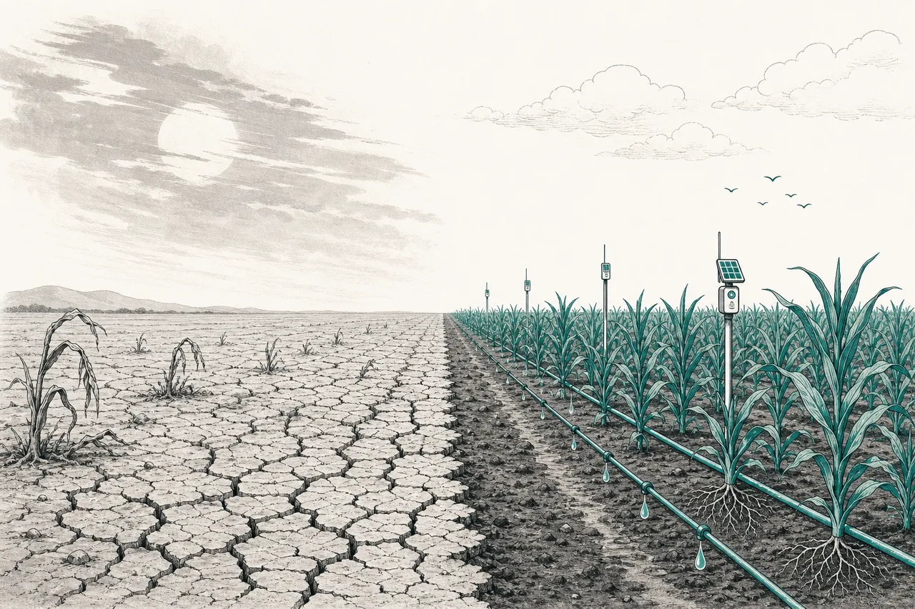 A field cracked dry on one half, lush green on the other thanks to drip lines, sensors, and hardier seedlings. The line down the middle is the difference adaptation makes.