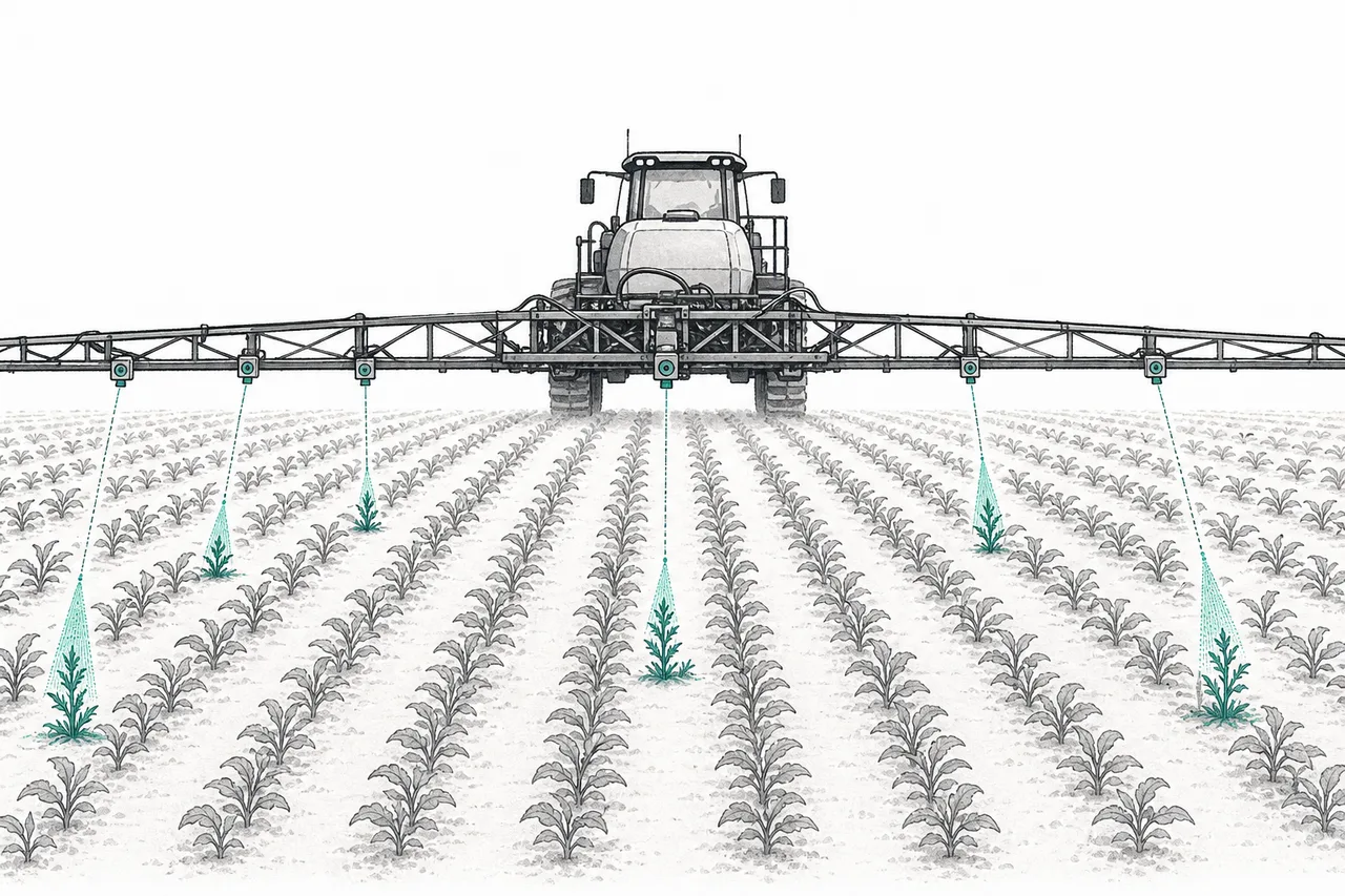 A tractor fitted with cameras and sensors spots weeds one by one in the field and sprays only those spots, instead of spraying the whole field.
