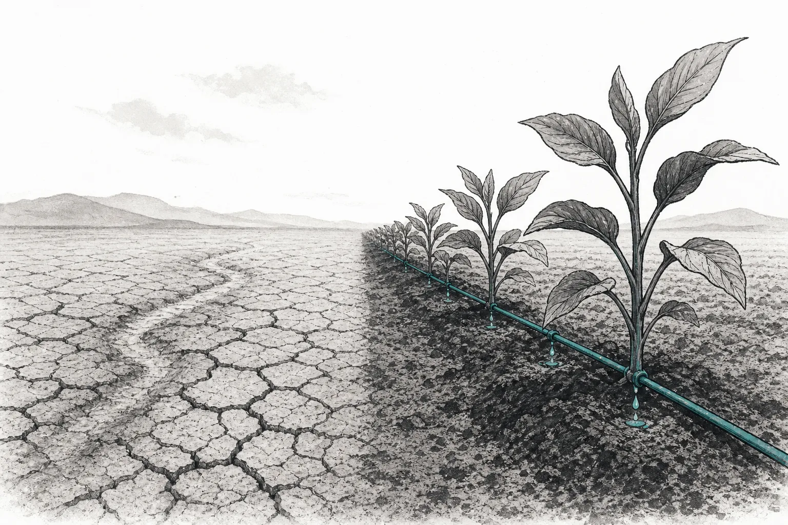 Half a field cracked and dry, the other half lush green with rows of trees and drip tubes laid at the base of the roots. Tiny droplets fall onto the soil at one spot, instead of flooding the whole plot.