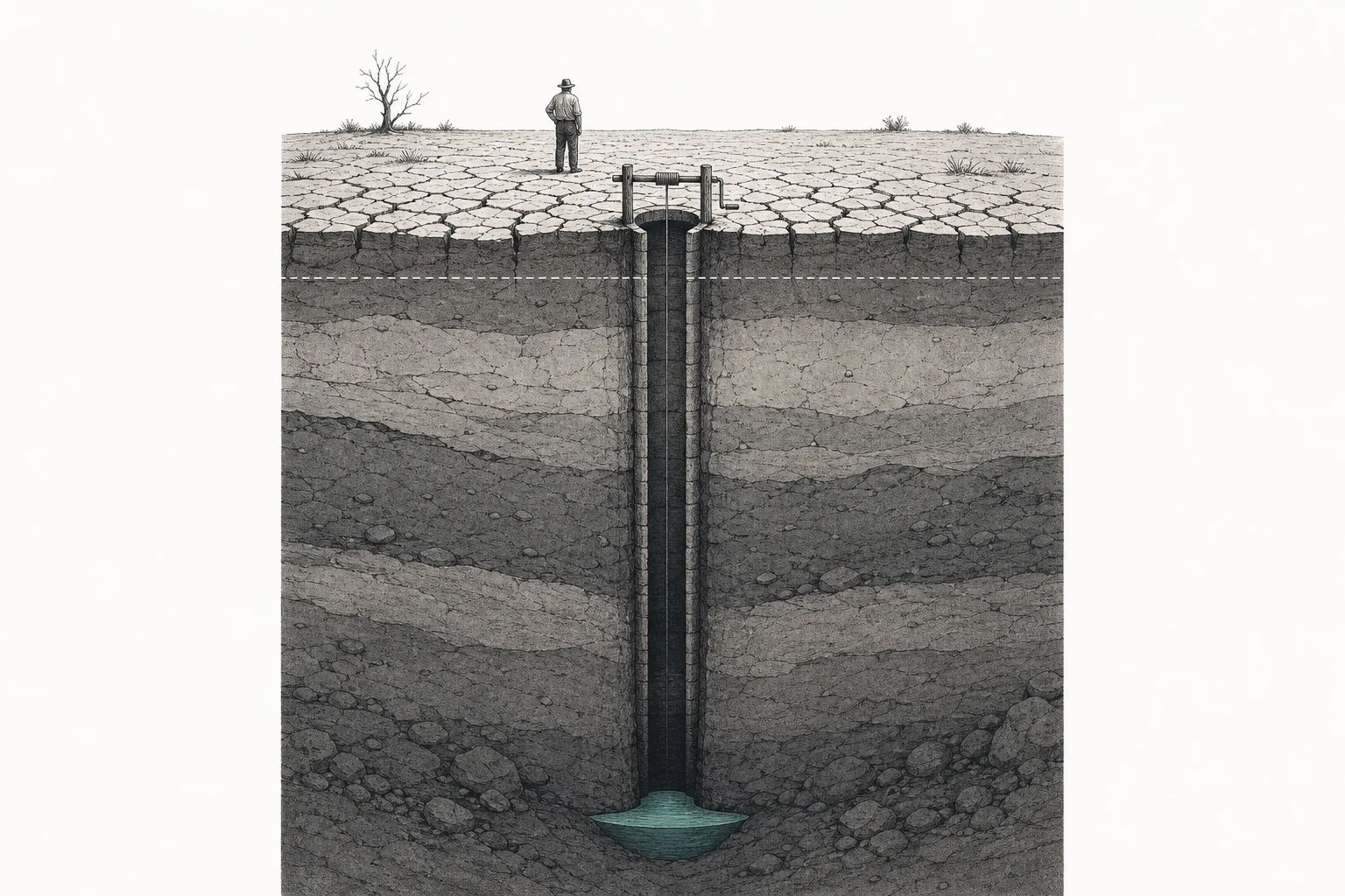 Ground cracked by drought, with a groundwater well whose level has dropped deep underground. A farmer stands looking at a dried-out field — conveying water running short and groundwater shrinking.