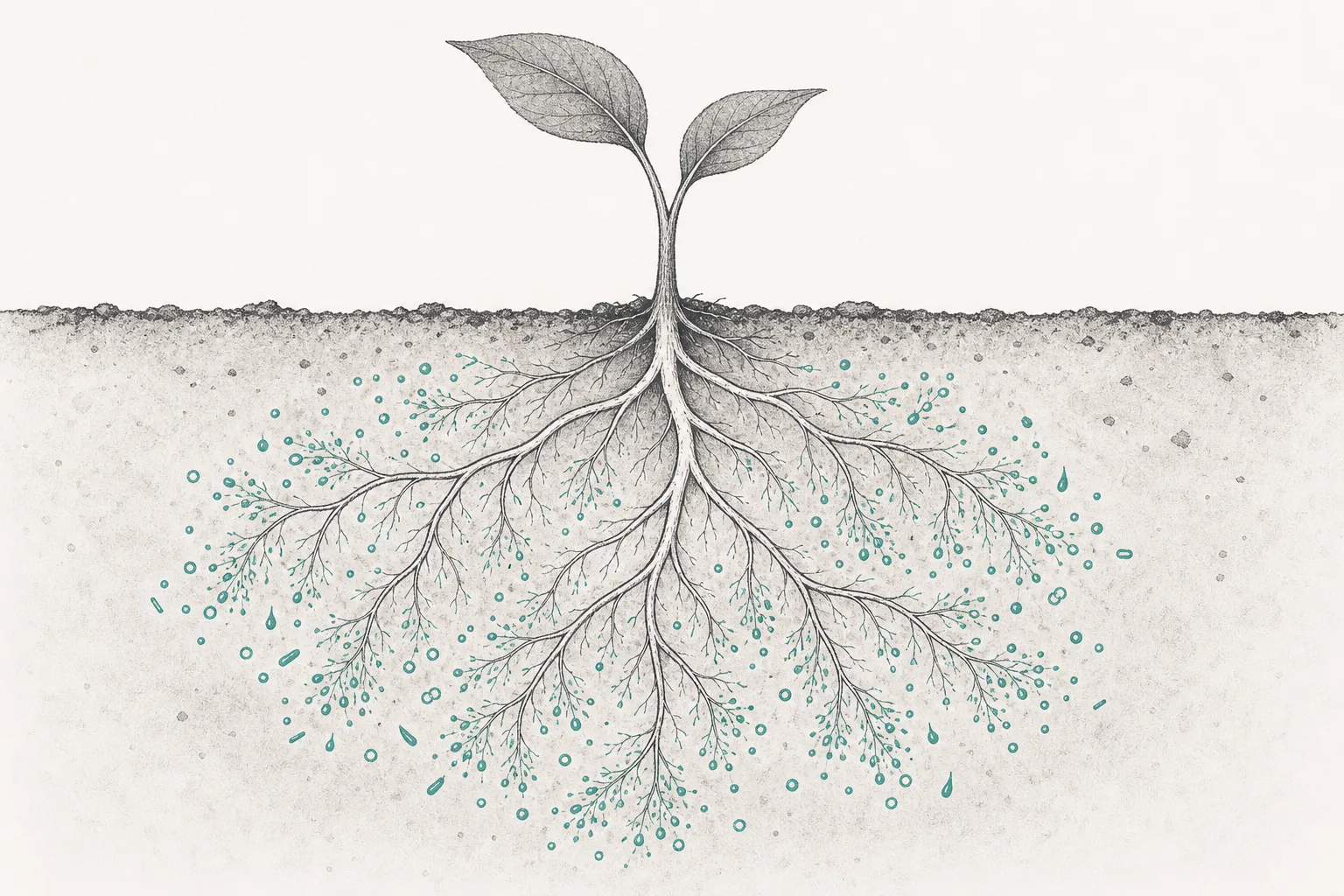 Green crop roots reaching down into the soil, with tiny microbes drawn as glowing dots around the roots. It symbolizes biologicals and biostimulants that work with the plant, representing the shift to using living things instead of chemicals alone.