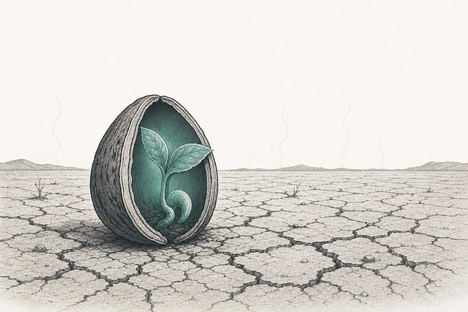 A single large seed sits in the center of the image, with a strong seedling visible inside, getting ready to grow. It's surrounded by ground cracked from drought and harsh sunlight, conveying that a crop's survival begins at the seed.