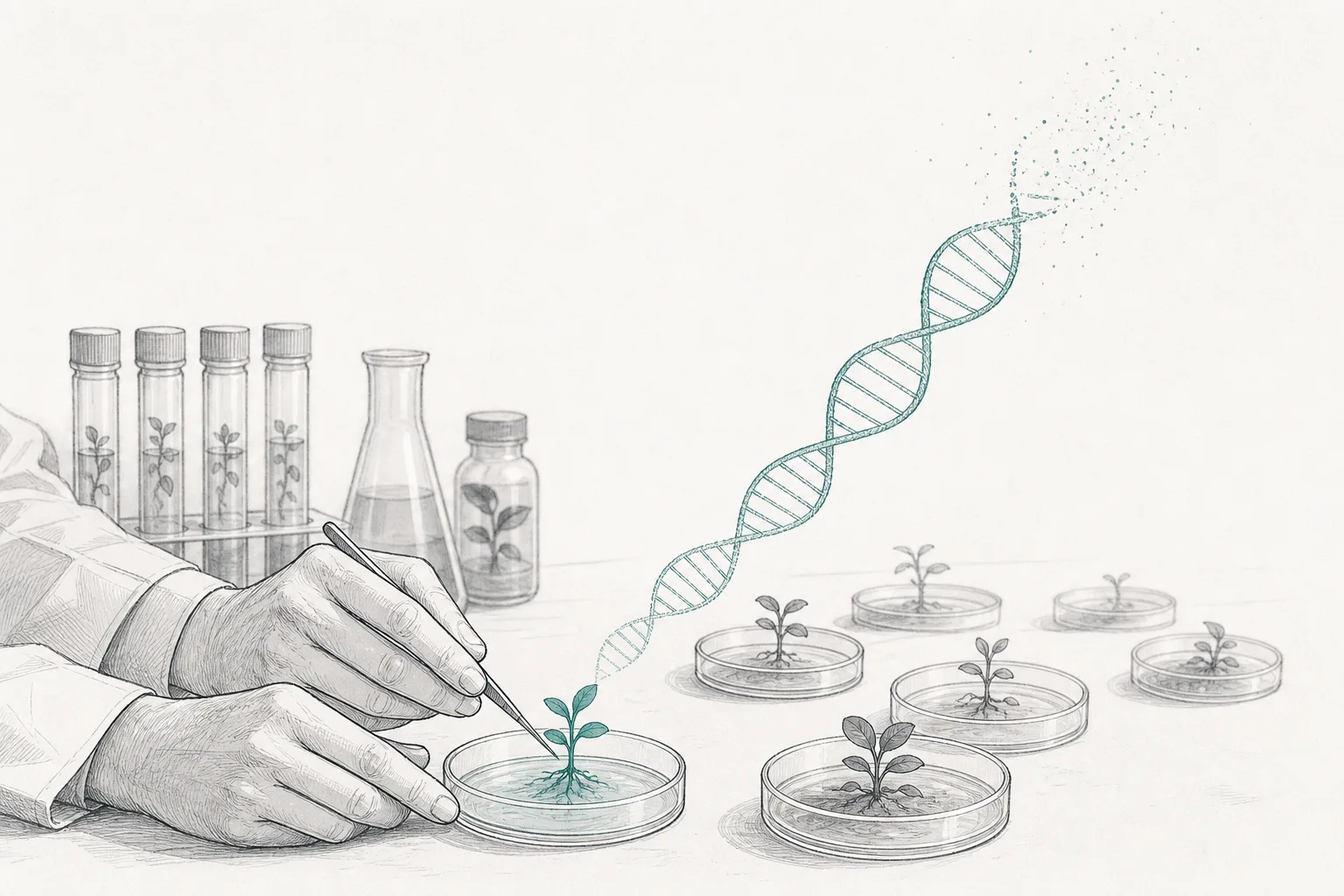 A plant-breeding research lab where a scientist examines small seedlings in a culture dish. A faint DNA double-helix structure floats as a symbol of gene editing, conveying the acceleration of tough-variety breeding through genetic technology.