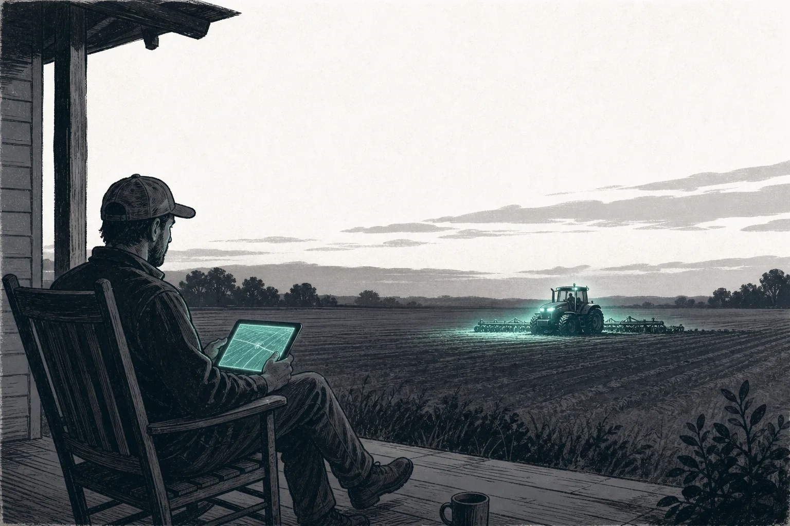 A driverless tractor running across a field at night with its lights on, the driver's seat empty, while the farmer watches an app on a tablet from the porch of a house far off
