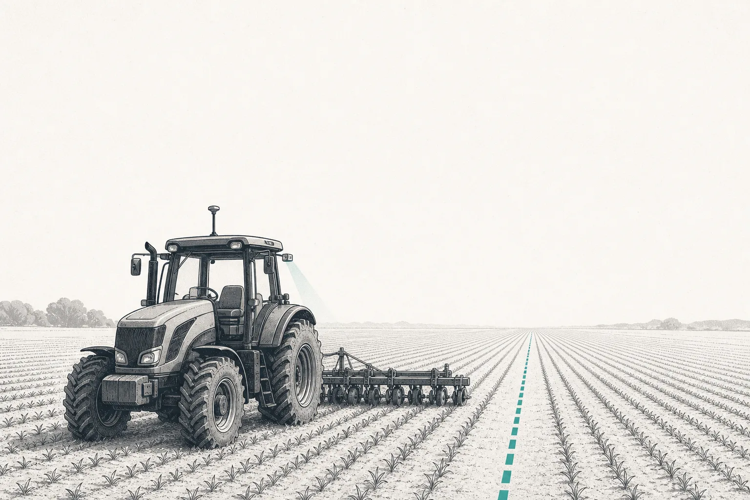 A driverless tractor running across a wide field in the morning, the driver's seat empty, a GPS antenna on the roof, cameras and sensors looking down at dead-straight rows of crops