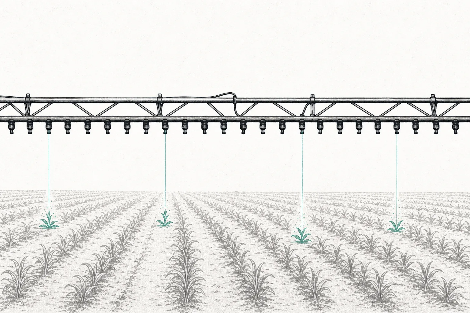 The long spray boom of a farm machine, nozzles in a row, only a few that line up with weeds in the field turned on while the others stay closed; under the boom, straight rows of crops