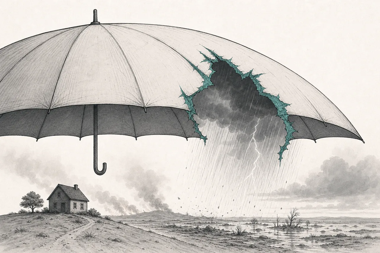 A small house sits in the middle of a hazard-prone area, with a large umbrella opened over it for protection — but the umbrella's edge is torn, leaving a wide gap where storms and fire blow in.