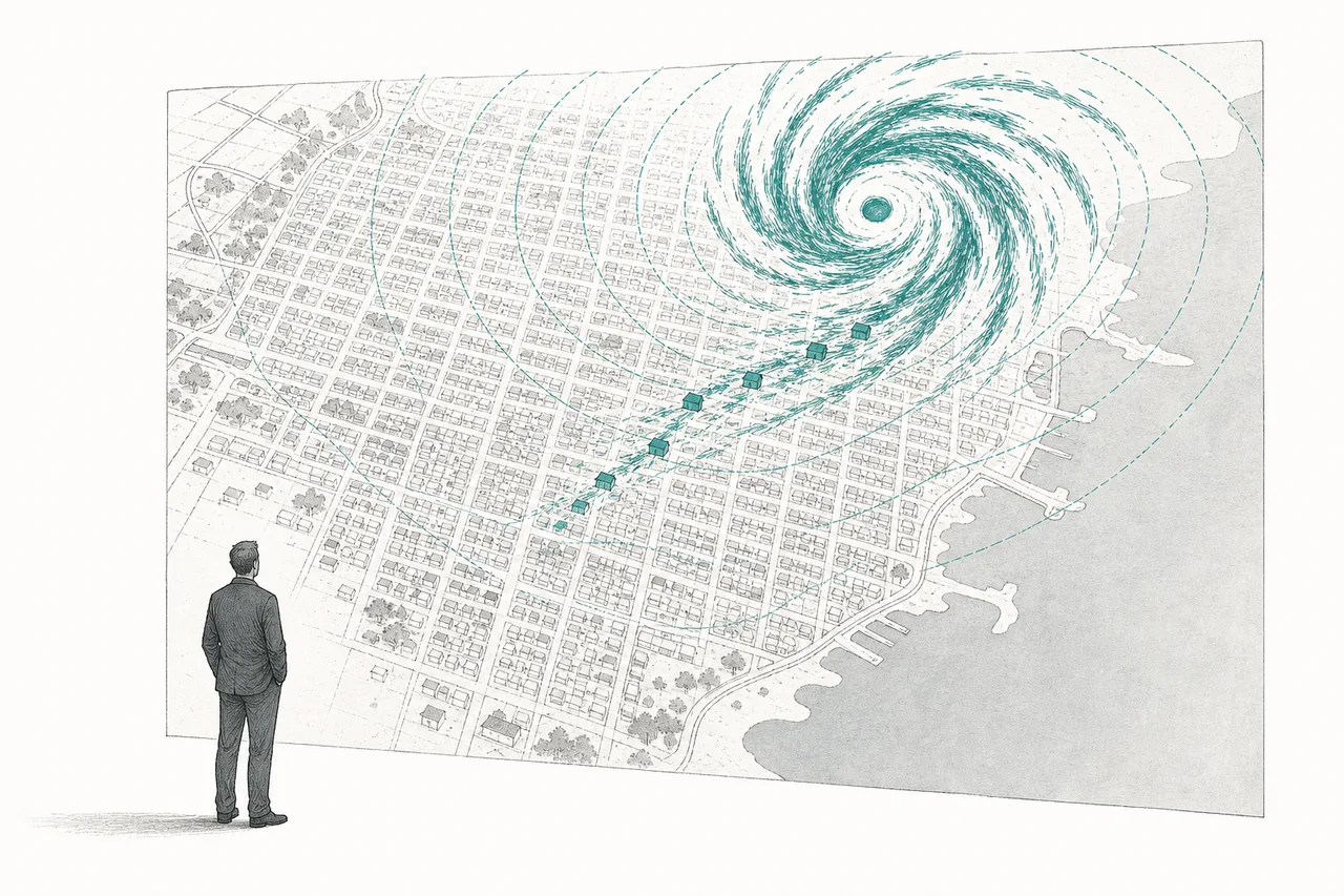A tiny analyst stands in front of a large city map overlaid with a probability grid, as simulated storms swirl across it, testing each house one at a time.
