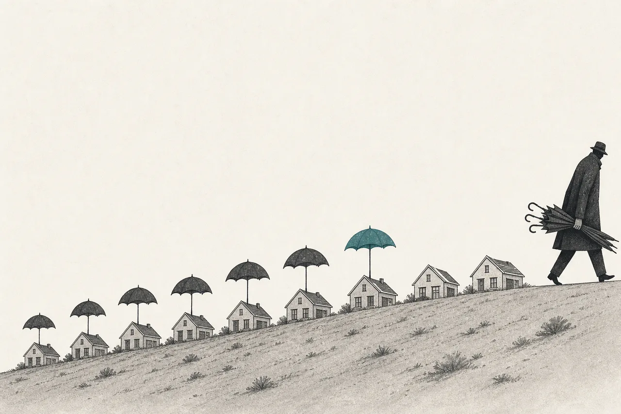 A row of suburban houses in a high-risk area, with an insurance company in the shape of a giant figure stepping backward and walking away, leaving many homes with no protective umbrella.