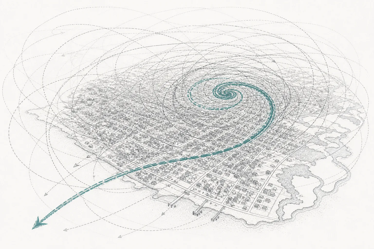 A map of a large coastal city overlaid with hundreds of simulated storm tracks spiraling over the houses one by one, as if a computer were testing tens of thousands of disasters before any of them happen for real