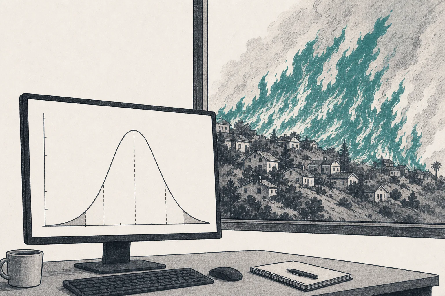 A screen displays a smooth, elegant risk curve, but outside the window a real wildfire is spreading beyond what the curve on screen had predicted — conveying the gap between the model and reality
