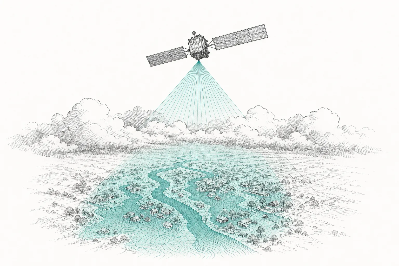 A small satellite floats above thick clouds, sending a beam of radar down to scan the flooded area below, seen through the clouds — turning the scene of a disaster into numerical data