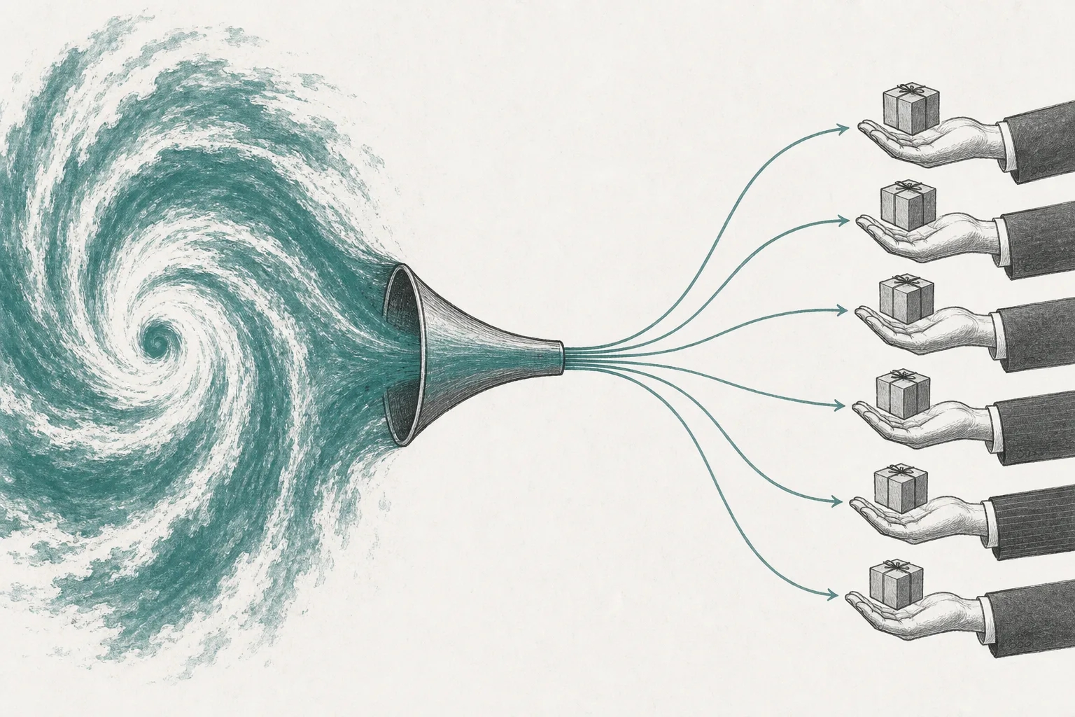A large storm is wrapped up and sent through a pipe to the many outstretched hands of investors. It represents disaster risk being converted into bonds and spread to capital markets worldwide.