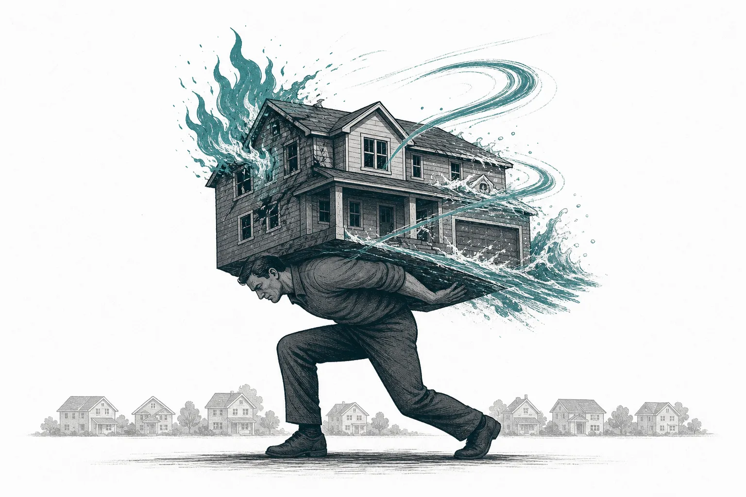 A small figure stands carrying a large house on their back that's burning and being battered by a storm, in a steady stance — representing an insurer taking disaster losses onto its own balance sheet.