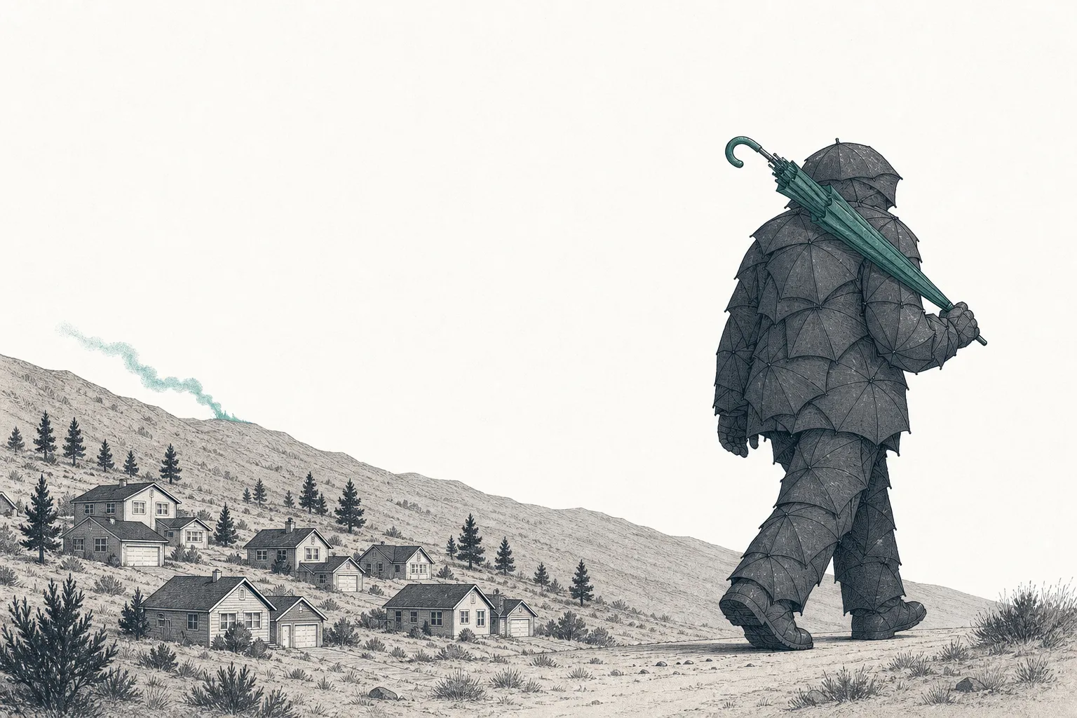 An insurer in the form of a giant figure walks backward out of a hillside neighborhood at high wildfire risk, leaving several houses behind without the protection of an umbrella.
