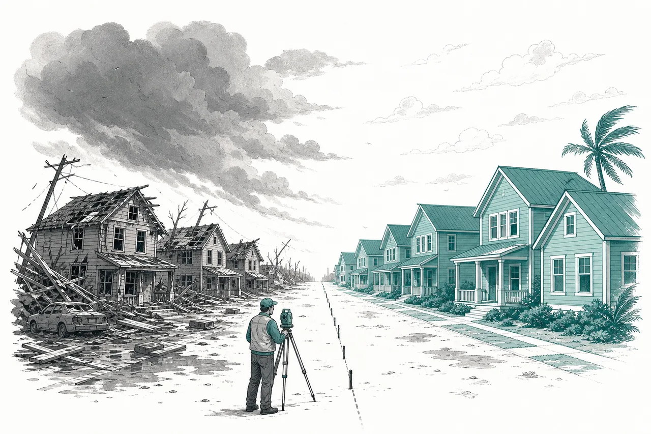 A property line: on one side a house wrecked by a storm, on the other a house built to the new standard standing fully intact