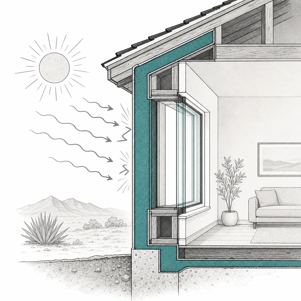 A cross-section of a house wall showing a thick insulation layer wrapping it, trapping heat so it can't pass through