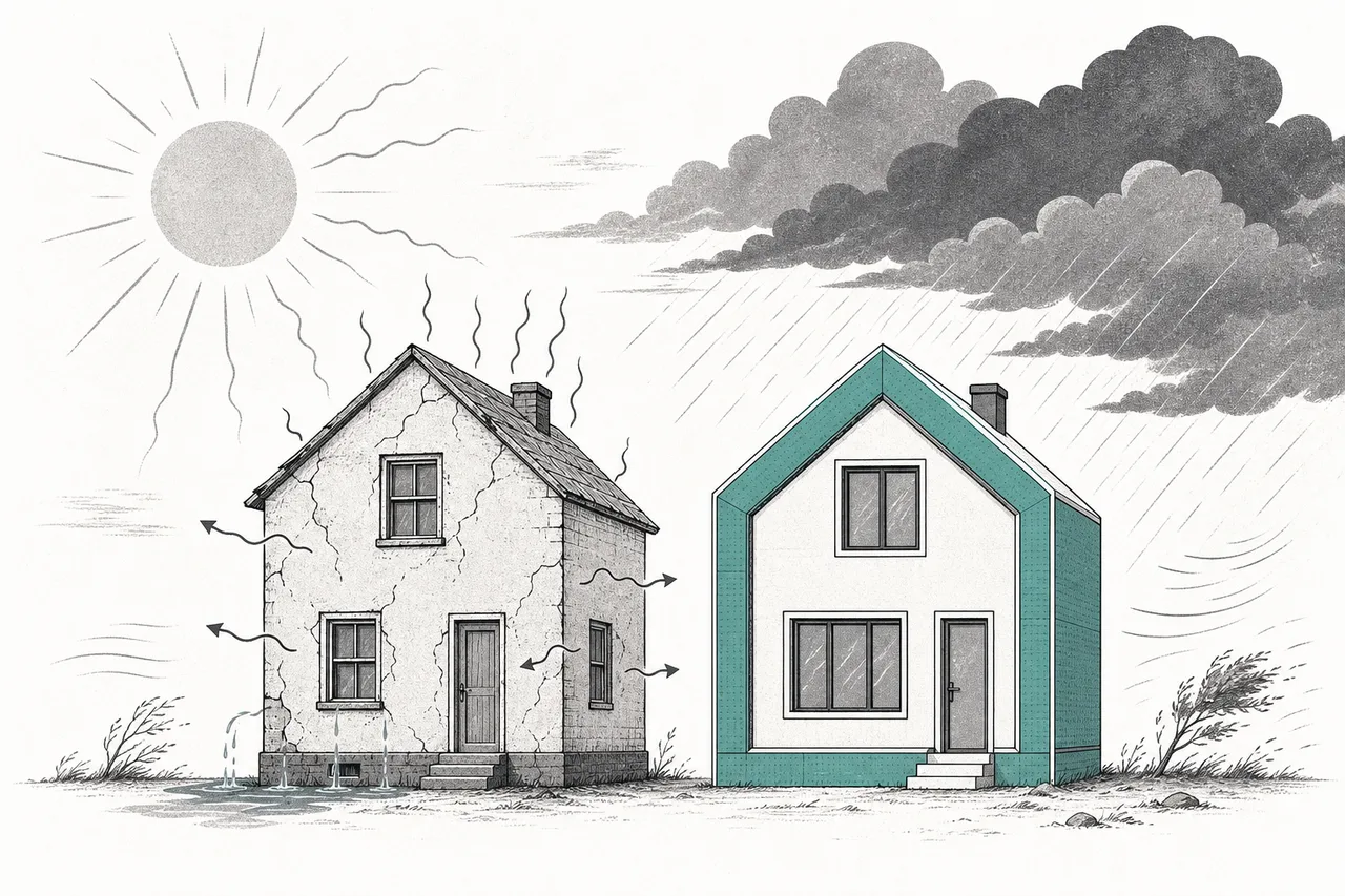 Two houses side by side: the old one is run-down, leaking heat and water; the other has been given a new 'armor' and stands firm under harsh sun and storms