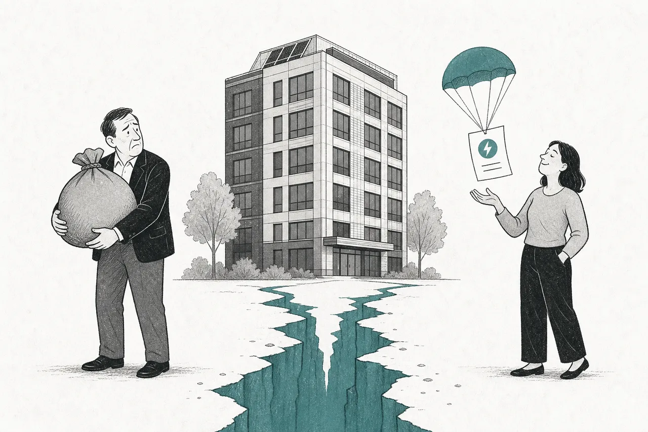 A building owner holds a wallet and pays for the renovation, while on the other side a tenant receives the lower energy bill, leaving a gap in the middle