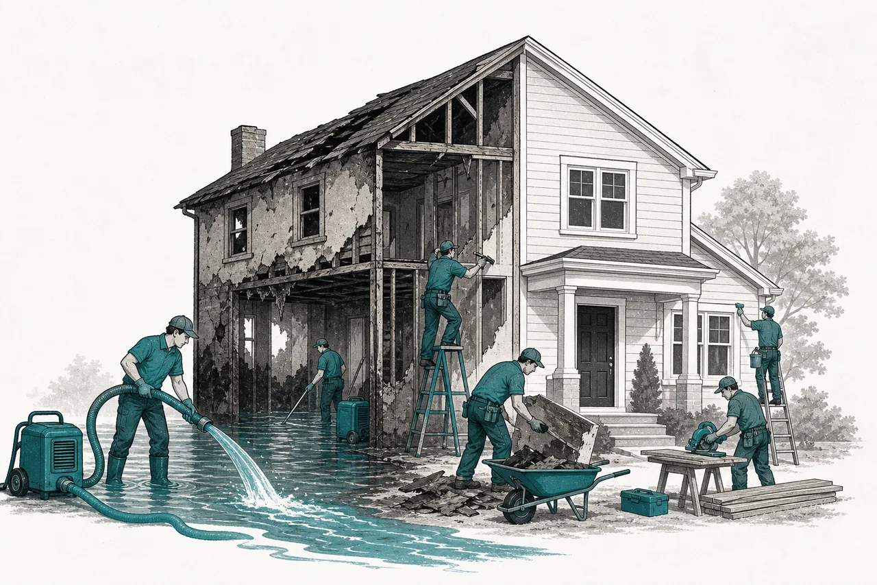 A crew arrives to restore a flood-damaged building, pumping out the water and making repairs so the home can be used again