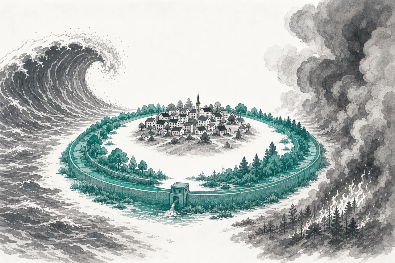 A small town ringed by flood walls and tree lines, while a wave and a plume of wildfire smoke surge in from the edges of the frame — but are held back