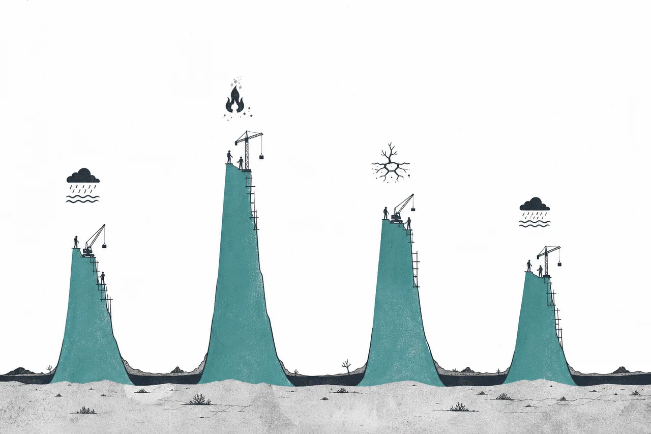 A jagged spending path of uneven highs and lows, with each high spike appearing right after a small disaster image
