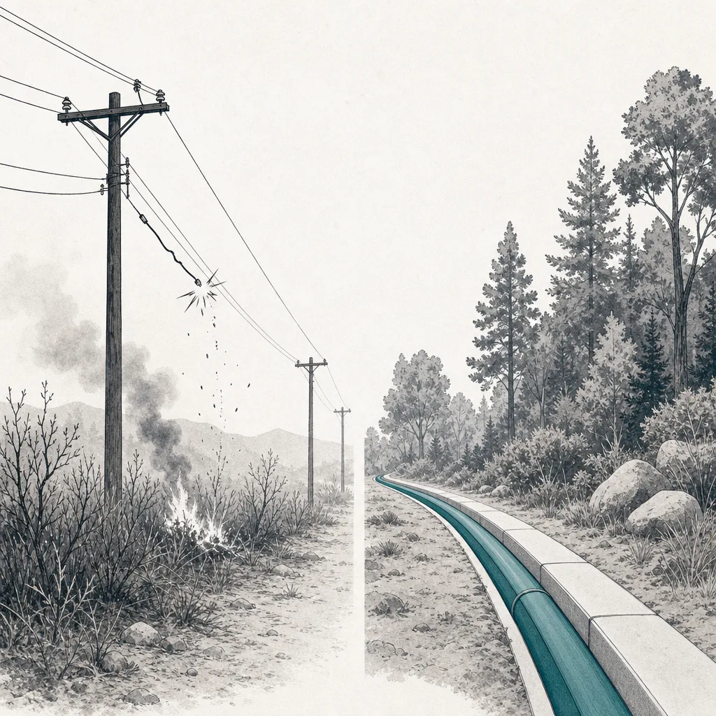A single high-voltage power line buried underground and insulated, so it can't throw a spark and start a wildfire, while the trees around it stay safe