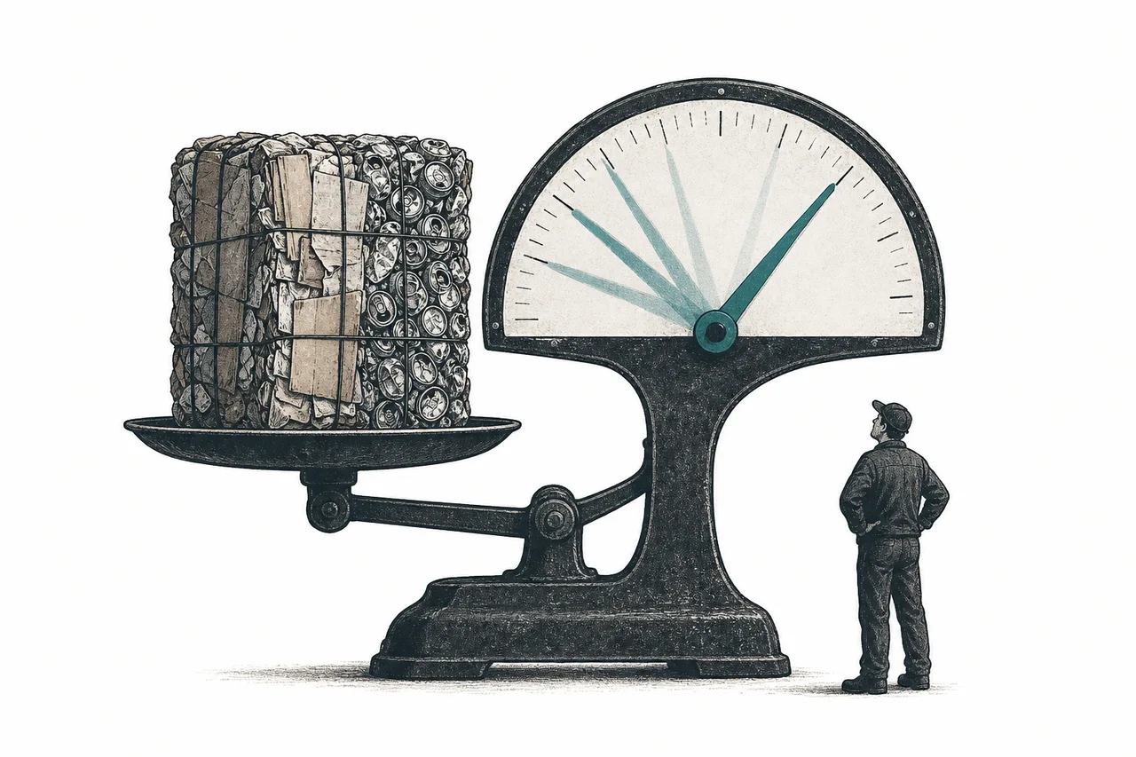 A compressed block of recycled material sitting on a scale, the needle swinging up and down with volatile market prices, showing that recycling value is tied to commodity prices