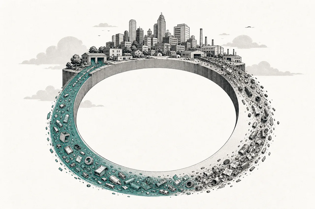 An entire city sits on top of a giant turning wheel, with a stream of materials flowing out of the city and looping back in as fresh raw material