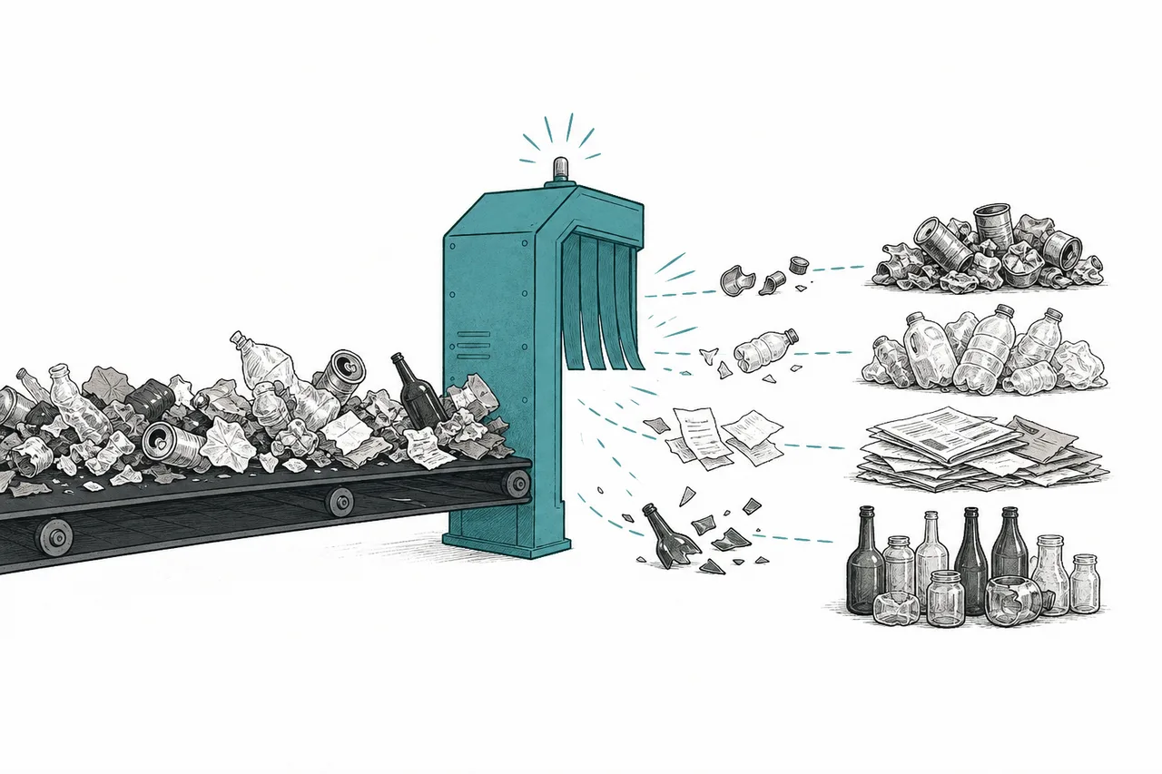 Mixed trash running along a conveyor belt through a sorting machine, breaking out into clean piles separated by type: metal, plastic, paper, glass