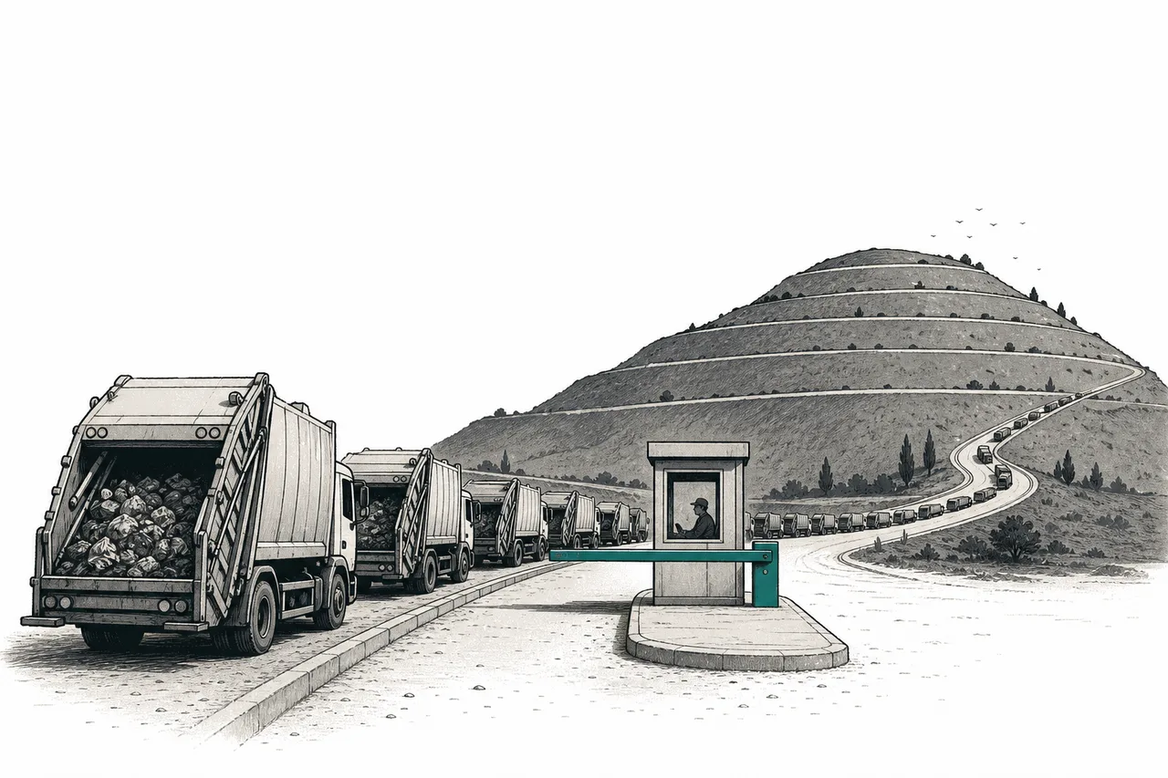 A convoy of garbage trucks lined up entering a toll gate that leads to an enormous landfill, casting the landfill as a toll road everyone has to pay